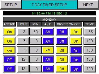 SECTION 4.6: 7 DAY TIMER The 7 DAY TIMER SETUP screens have 2 navigation buttons. SETUP: Press this button to return to the dryer setup screen NEXT: Press this button to display the next day screen.