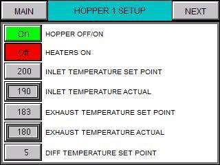 ** SECTION 5 ** OPTIONAL PRE-HEATER CONTROL SECTION 5.1: PRE-HEATER SETUP SCREENS Each hopper has a setup screen that consists of 4 navigation buttons and buttons to set or monitor temperatures.