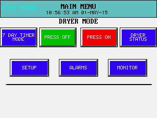 SECTION 4.2: MAIN MENU SCREEN The Main Menu Screen consists of 2 sections. Dryer Mode and Loader Mode or Pre-Heaters.