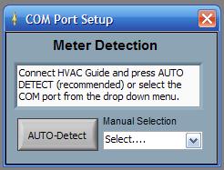 Figure 32. COM Port Setup. Reconnect the HVAC Guide analyzer, select Com with PC press ENTER, and press AUTO-Detect to reestablish the connection with the HVAC Guide analyzer.