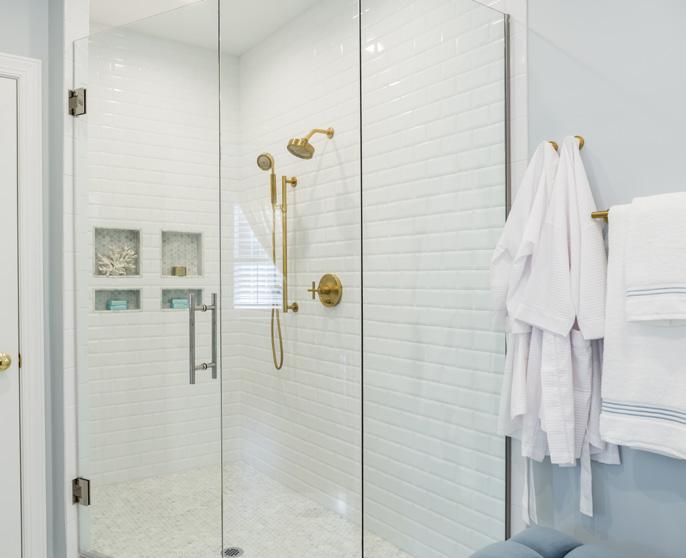 Faucets and Shower Fixtures in Vibrant Modern Brushed Gold Shower Glass & Mirror: Carolina Glass & Mirror Tile: