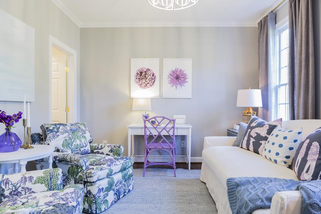 LIVING ROOM & SAMPLE CLOSET Sofa: Furniture Market Warehouse Pillows: Cotton & Quill; Whitlock & Co Purple
