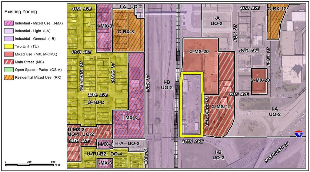 Rezoning Application #2018I-00075 January 2, 2019 Page 4 Existing Zoning Existing Land Use North C-MX-20 Vacant N/A South I-B UO-2 Right-of-way East C-MX-20 / C- MS-12 Industrial, Commercial/Retail,