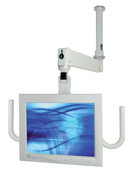 Height and reach adjustable LCD/monitor ceiling mount. Monitor can move from landscape to portrait. Gas assisted user adjustment allows repositioning by patients and clinicians alike.