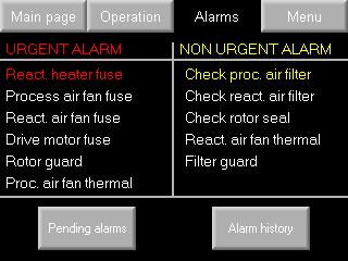 4.6 Alarms submenu Fig. 6: Alarms submenu The alarms page shows alarm status in two groups: Urgent alarms.