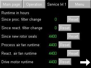 4.7 Service Level On the first page of the "Service Level" submenu (password protected) are <Reset> buttons for all runtime meters.