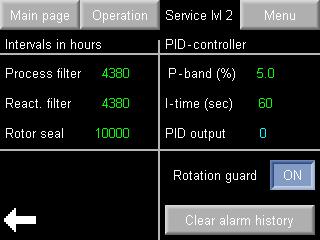 11: Service Level page 1 On the second page of the "Service Level" submenu (password protected) the interval settings for filter and rotor seals replacement alarm can be adjusted.