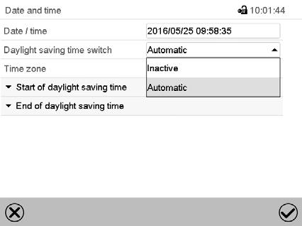 Date and time submenu. Select the desired end of the daylight saving time and press the Confirm icon.