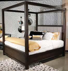 casual industrial flare Made with solid acacia wood, oak veneers, and engineered wood in a dark brown finish with wire brushing and gray undertones Both the panel bed and canopy bed feature dual side