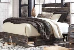 mixes the refined look of assembled reclaimed barn board with industrial accents Finish is a replicated woodgrain with burnt orange and teal color accents Queen and king panel headboards feature two