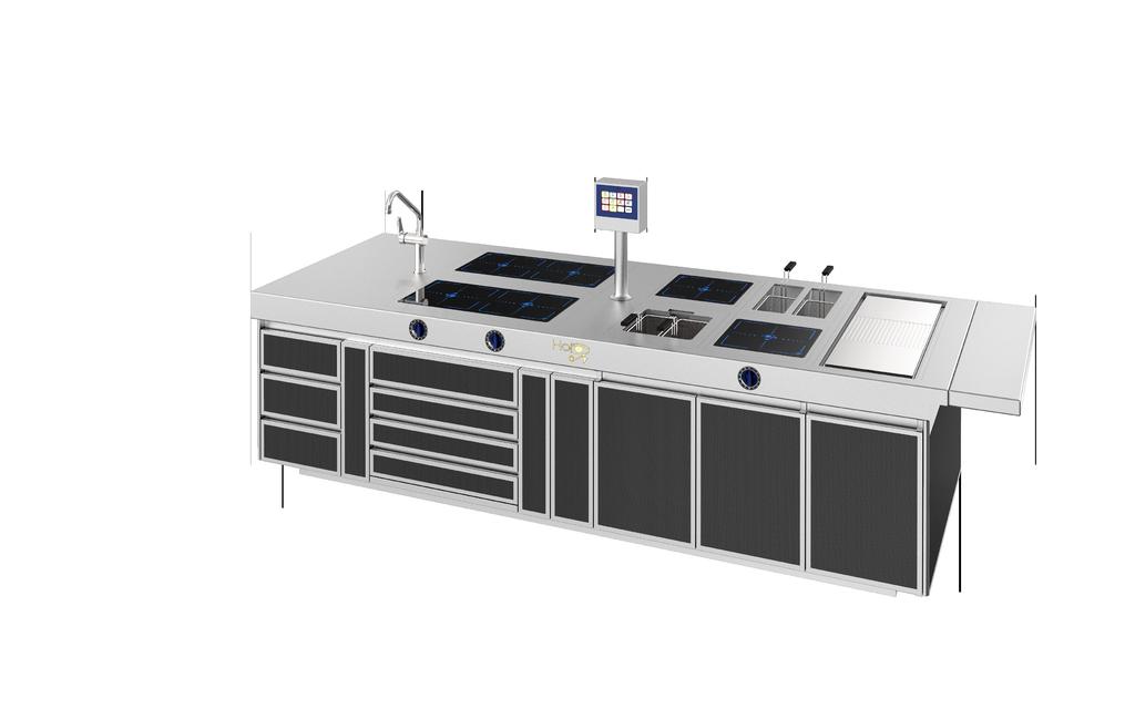 COOKING MONOBLOCK PASSERBY SERIES 1200 DESCRIPTION Dimensions: W 3150 x D 1200 x H 900 mm Touch screen controls double with lcd screens 2 sockets 230 volt Control panel with integrated computer 1