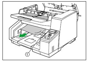 Press the ADF door release 1 upwards and open the ADF door 2 as shown in illustration 3 below. Illustration 3 c. Remove the misfed document. i. If the document has stopped in the feed tray area, pull it backwards as shown below.