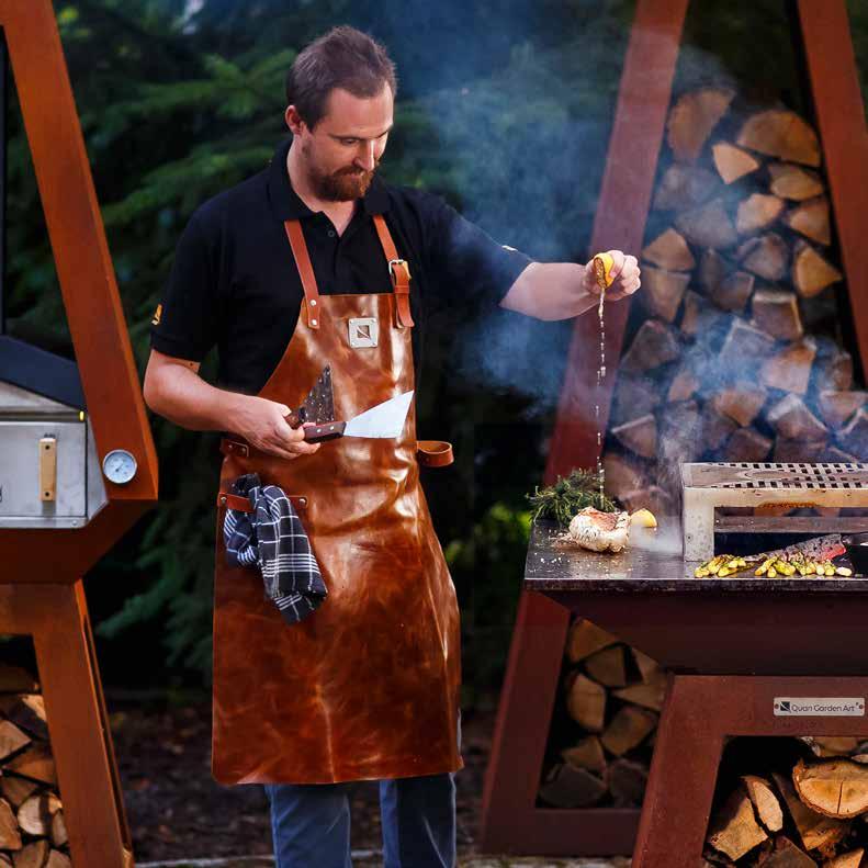 Quan Grill Fashion Our outdoor fashion range includes professional natural leather as well as jeans aprons, 100% heavy cotton polo