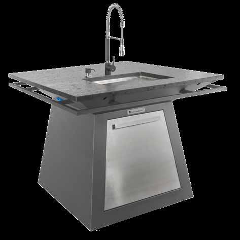 Pre-rinse commercial kitchen faucet is able to reach all 4 sides of the worktop. Thanks to the built-in water heater both hot and cold water are available.