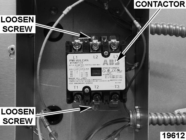 3. Loosen contactor screws. 3. Squeeze in on the tabs at the ends of the indicator light and push through the control panel. 4. Reverse procedure to install. 5.