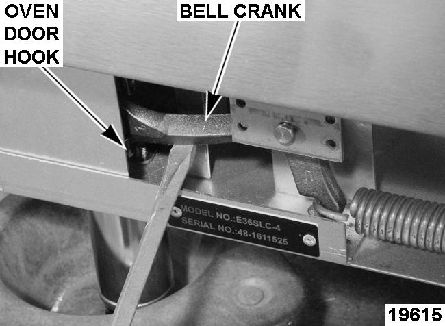 Disconnect lead wires from motor. 5. Reverse procedure to install. 6. Check range for proper operation. DOOR 4. Rotate turnbuckle to relieve most of the spring tension. 5. Pry up left bell crank and remove oven door hook.