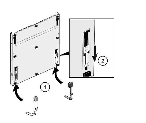 5.18.2 Installing outer door 1. Insert both slideelements to the conduct 2. Move hinge upside 1. Insert outer door from below into the inner door. 2. Press outer door towards the appliance.