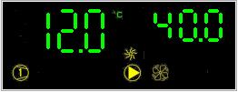 The displays A and B are configurable, they show the temperature and the setpoint by default. LED Screen (MCX06C) LED screen with two digit groups and 18 icons. Digits color: Green.