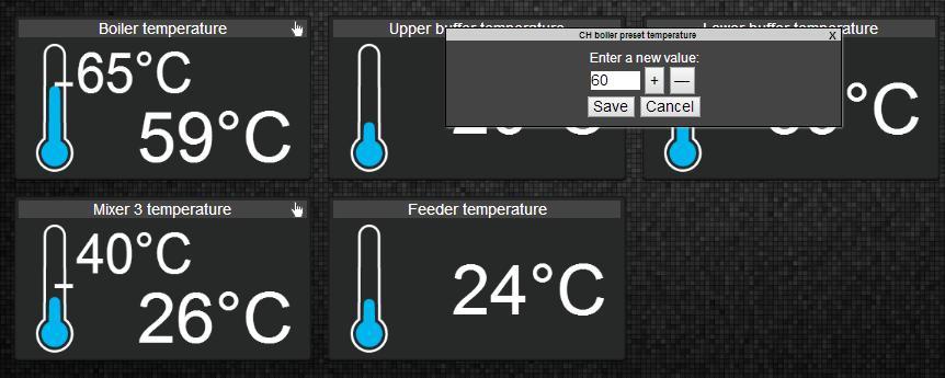Click a tile and Modify value window will appear. Enter new value, e.g. Boiler temperature and confirm with [Save].