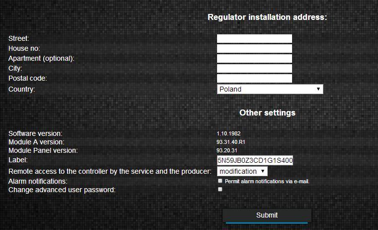 OPERATION Device settings tab in server version enables to: change the boiler regulator installation address, label name, service access and advanced user password,