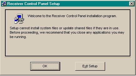 3. Remove Disk 1 of 2 from the drive. Insert receiver Control Panel Software Disk 2 of 2 then click OK. The Install dialog box reads, Copying files, please stand by.
