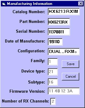 B.3.6 Manufacturing Info This button displays information related to the manufacture of the module. Refer to Appendix A, HX6213RX Firmware Factory Settings for specific model information. Only C-COR.