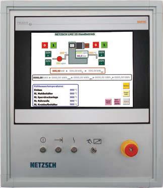 NETZSCH GRAPH Display of operation, input and calculation parameters: - Mill speed and peripheral speed, gross and net mill power, pump speed, product pressure, product throughput, product