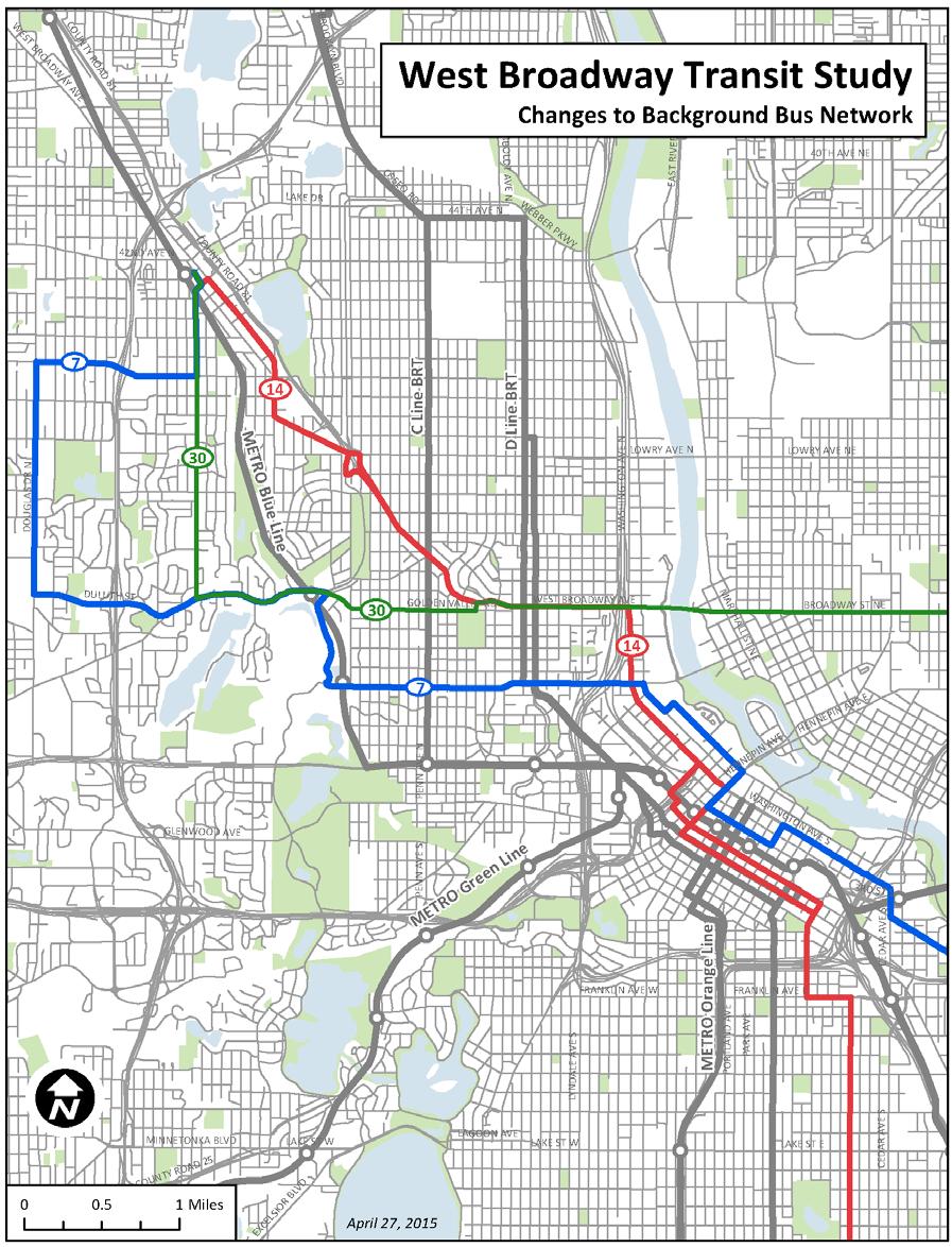 Figure 3: Proposed Local Bus Routes for All Alternatives Note: transit operations on Theodore Wirth Parkway would require