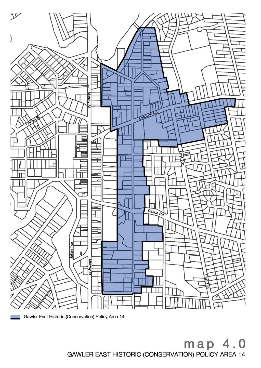 1.5.3 Gawler East Residential Historic (Conservation) Policy Area 14 Significance The first settlement to extend beyond the boundary of the original Gawler Plan, the Gawler East Policy Area
