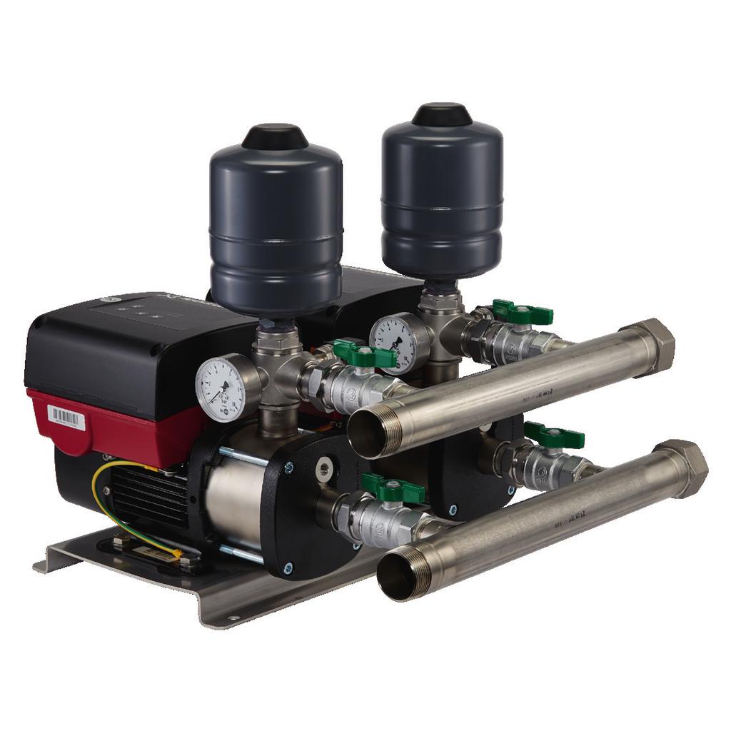 A pressure sensor monitoring the discharge pressure allows for the CMBE twin to adjust motor speed or signal for the second pump to start, adapting to changing system demands.