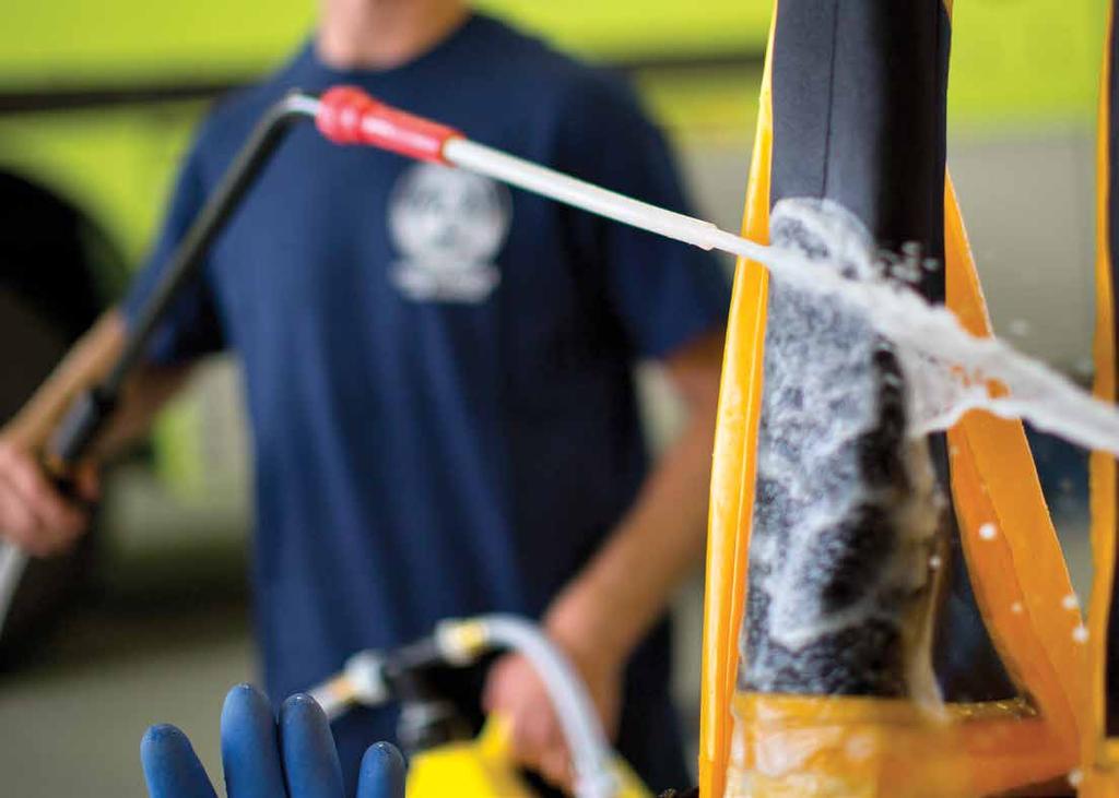 Ram Air s PPE Decontamination Sprayer can be directly connected to a fire or pumper truck for effective on-scene washing of PPE and clean-up of the