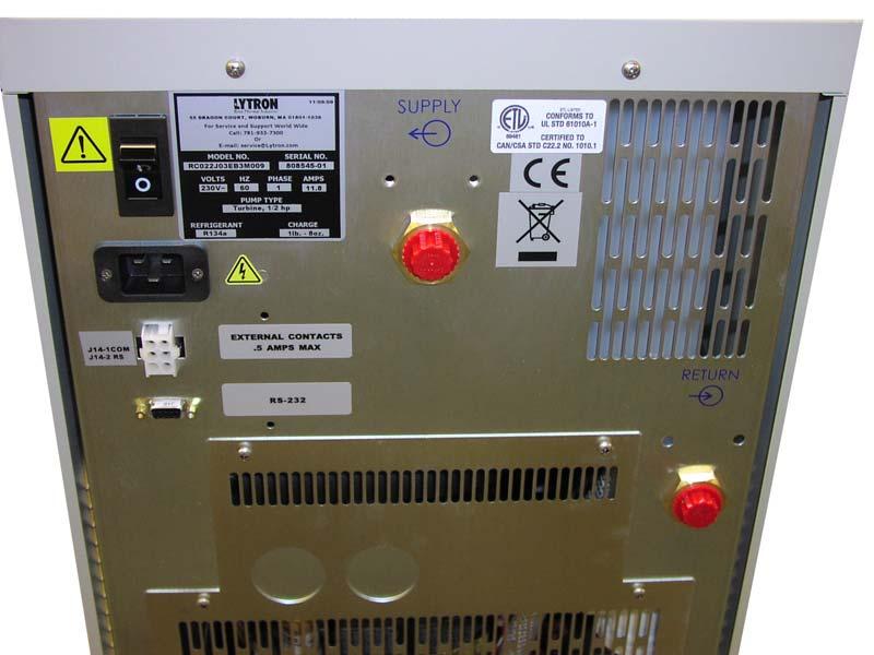 REAR PANEL COMPONENTS (Reference Spare Parts List in this manual) CIRCUIT BREAKER FLUID OUT OF CHILLER POWER ENTRY NOTCH INDICATES PIN 1 RS232