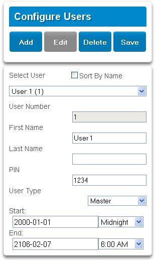 User Menu: Enter a First and/or Last Name. Enter a unique PIN code between 4 and 8 digits. Select a User Type: Master users can arm and disarm areas. They can create, delete, or modify user codes.