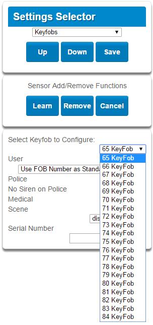 With the keyfobs screen selected you can choose the keyfob number to configure and select the user number