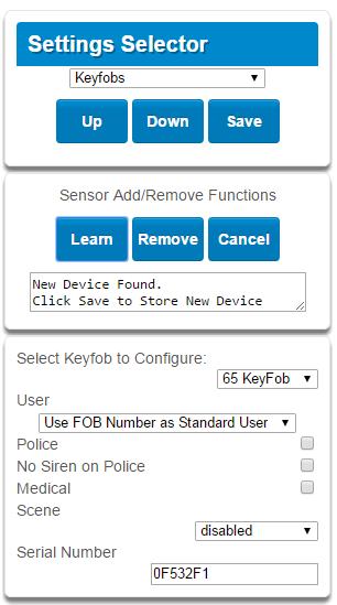 Give the keyfob a number, select the user and press Learn. A notification box will appear below the learn button. Activate the keyfob.