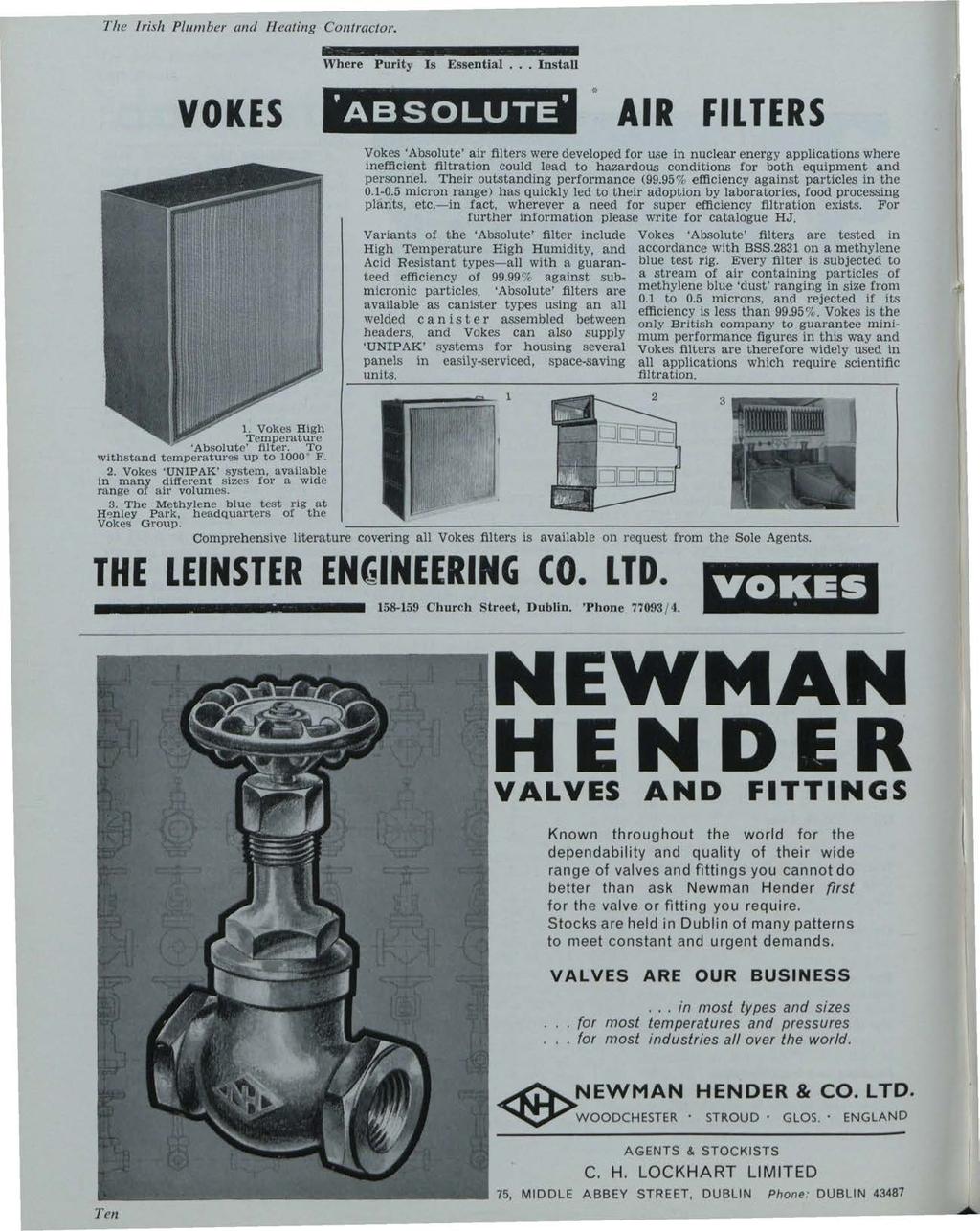 The Irish Plumber and Heating Contractor. Building Services News, Vol. 2, Iss. 12 [1963], Art. 1 Where Purity Is Essential.. Install -:: VOKES 'ABSOLUTE' AIR FILTERS 1.
