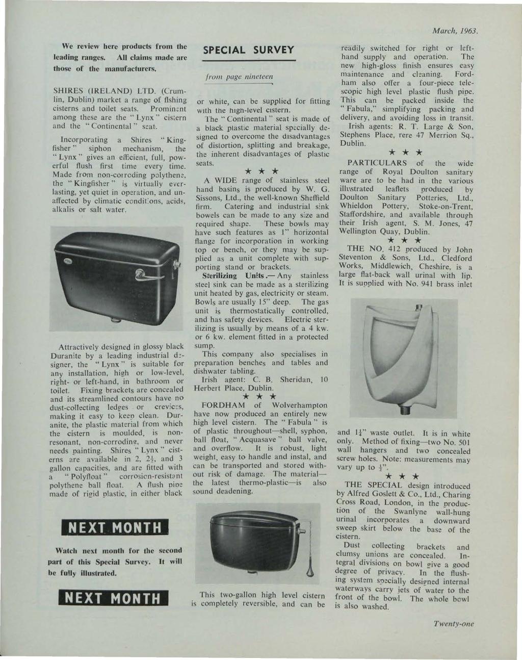 et al.: The Irish Plumber and Heating Contractor, March 1963 (complete is March, 1963. We review here products from the leading ranges. AU claims made arc those of the manufacturers.