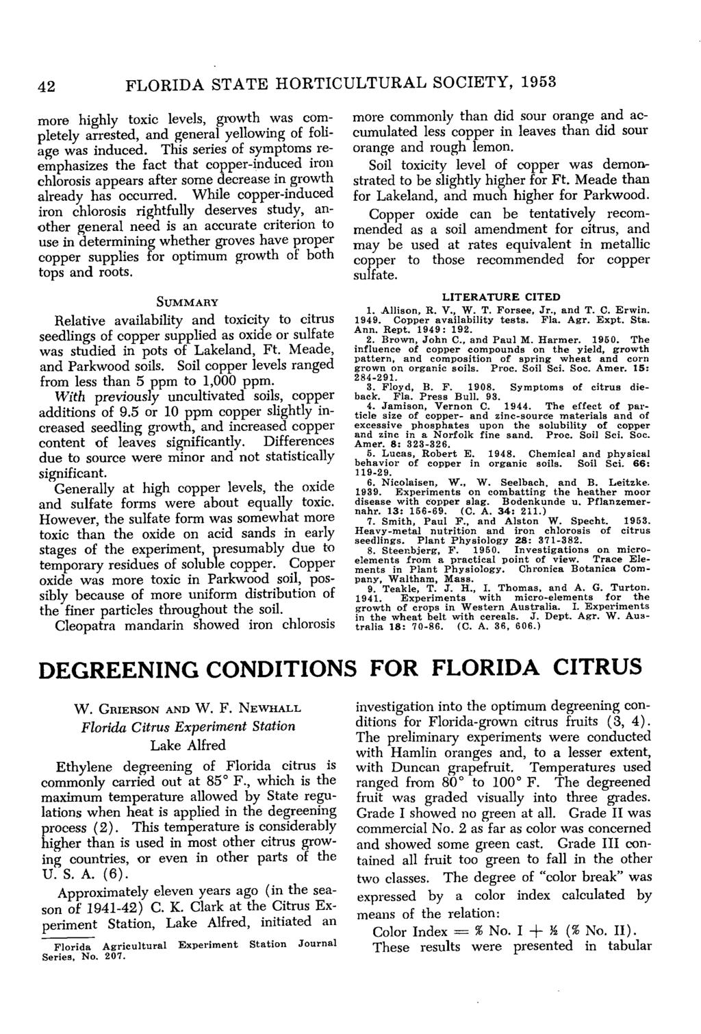 42 FLORIDA STATE HORTICULTURAL SOCIETY, 1953 more highly toxic levels, growth was com pletely arrested, and general yellowing of foli age was induced.